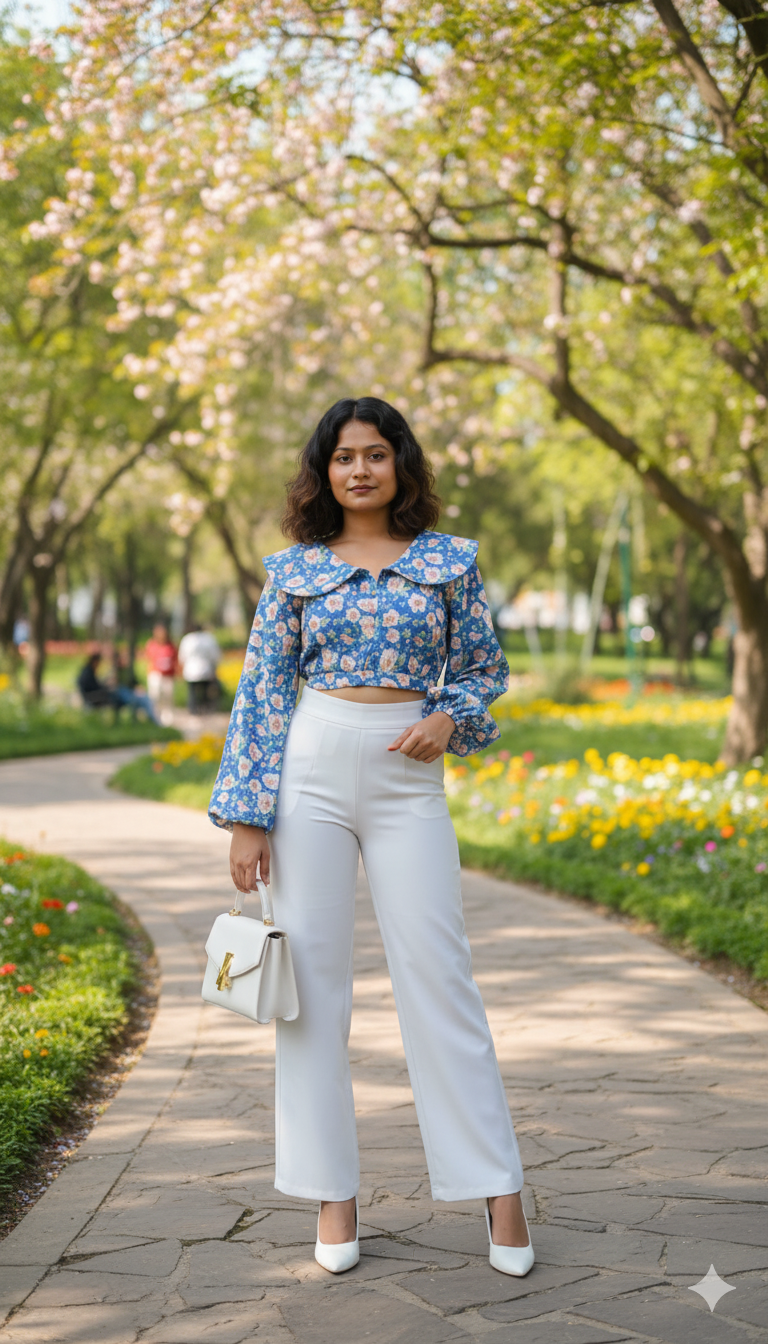 floral blue top with a statement collar detailing