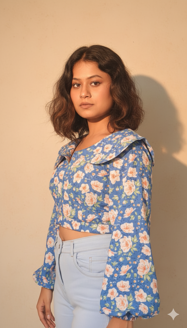 floral blue top with a statement collar detailing