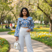 floral blue top with a statement collar detailing