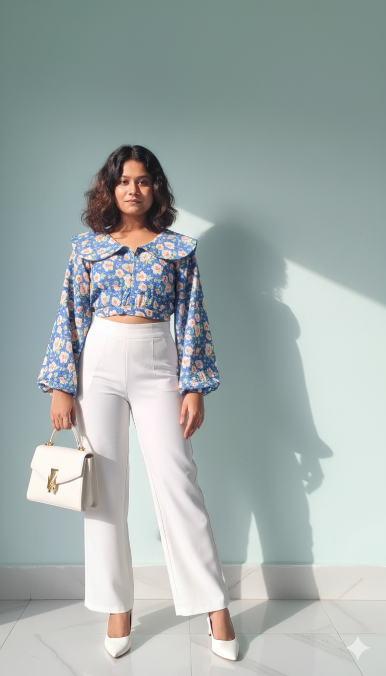 floral blue top with a statement collar detailing